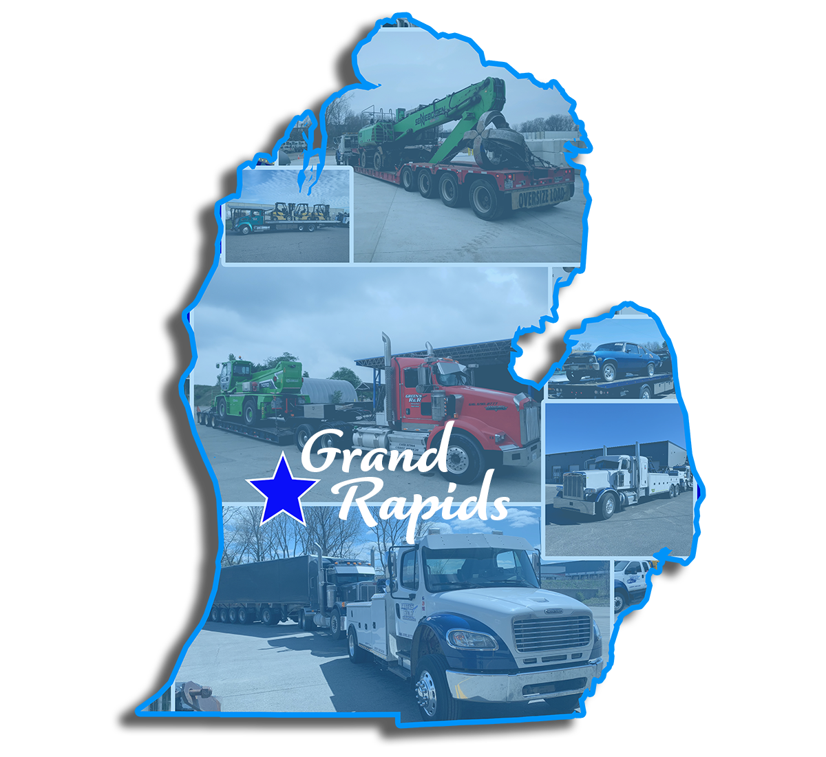 Michigan shaped collage of towing equipment with a star over Grand Rapids
